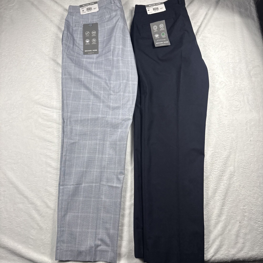 NWT Michael Kors Lot 2 Men Marvin Classic Fit Pants 38x30 Navy & Lt Blue Plaid